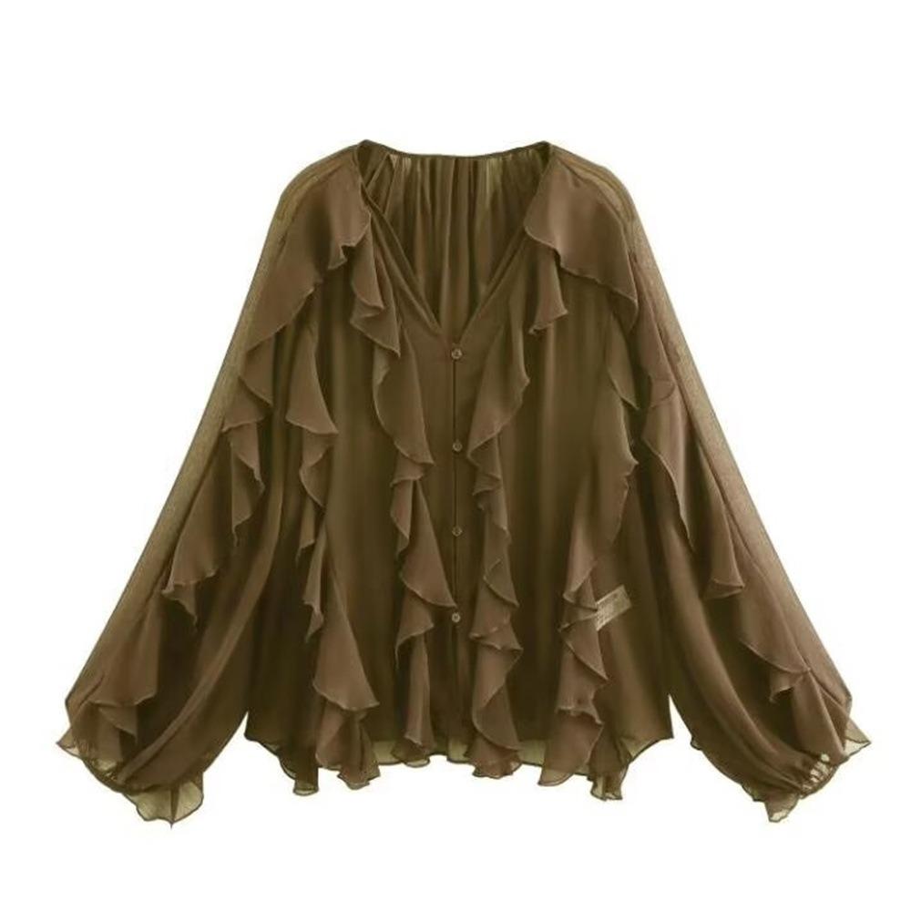Women's V Neck Long Sleeve Ruffle Chiffon Blouse Loose Fit Lantern Cuff Single Breasted Flowy Shirt Spring Casual Top