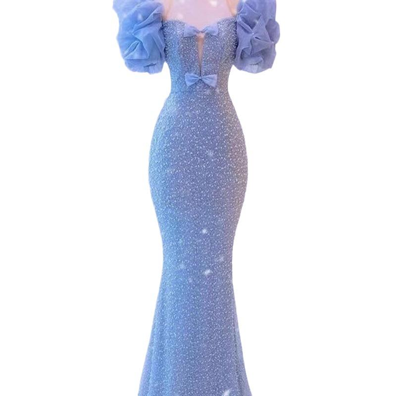 Blue small trailing evening dress, annual meeting host sequined waist fishtail skirt, light luxury niche bride toast dress women