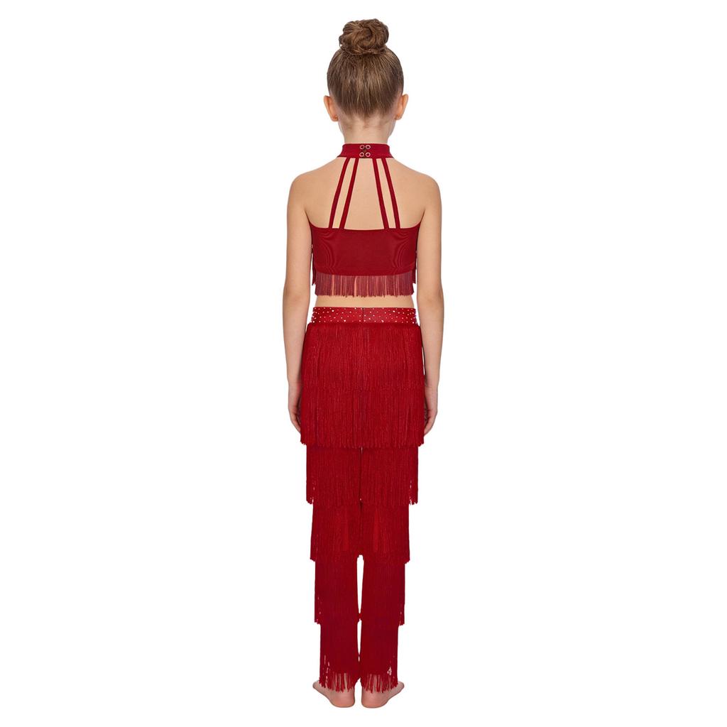 Children‘s Latin Dance Outfit Sleeveless Back Straps Crop Top Layered Tassels and Matching Elastic Waist Fringe Pants for Salsa Competition