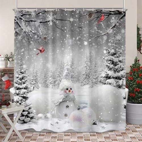 Christmas Red Truck Red House Snowman Cardinal No Drill Shower Curtain 12 Hooks Bathroom Decor Set