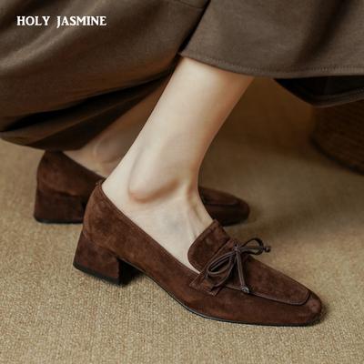 Fashion Classic Women Pumps Square Toe High Heels Genuine Leather Kid Suede Concise Shoes Woman 2024 Spring Office Ladies Casual
