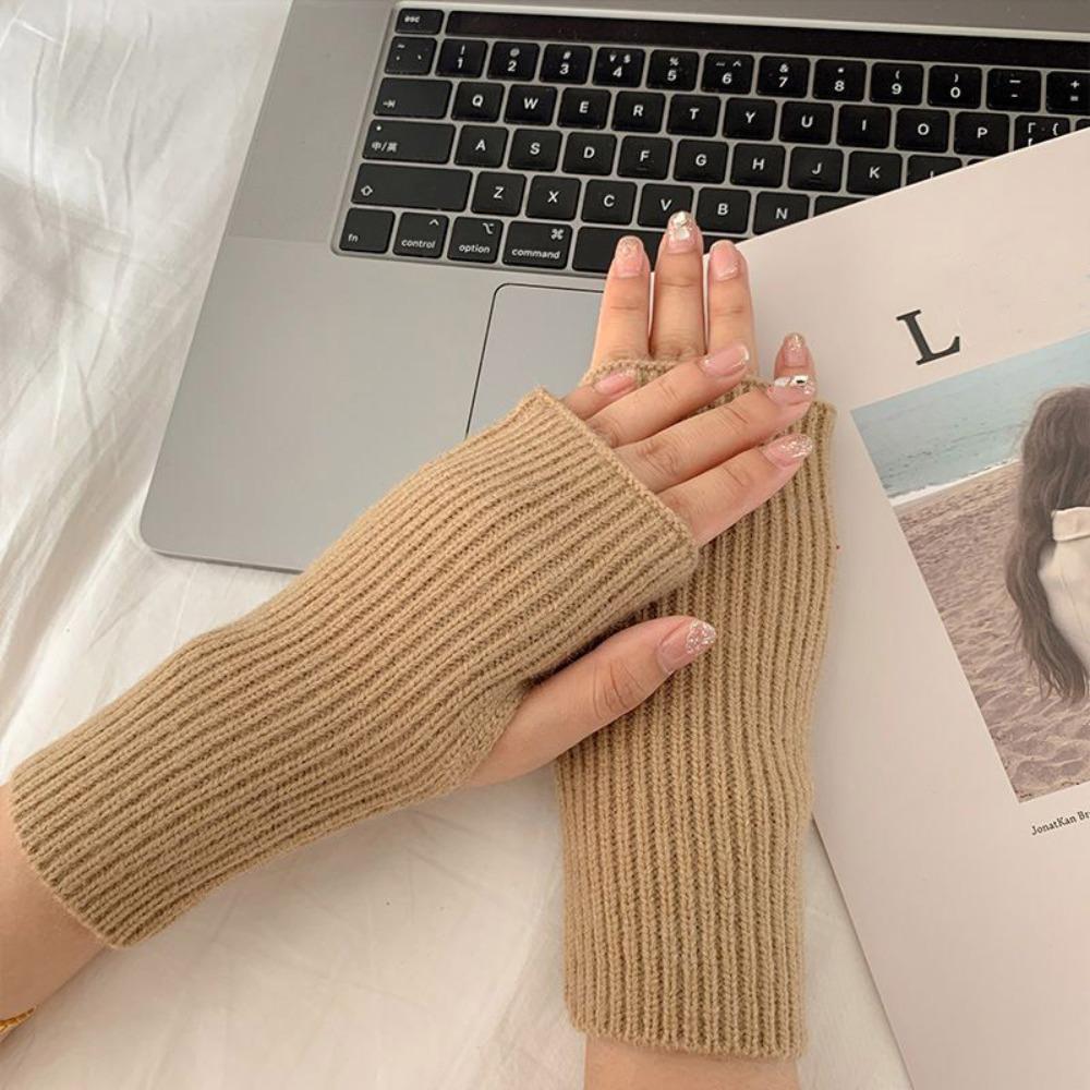 

Fashion Thick Warm Knitted Gloves Soft Elastic Half Mitten Solid Color Fingerless Gloves Winter Warmer хаки