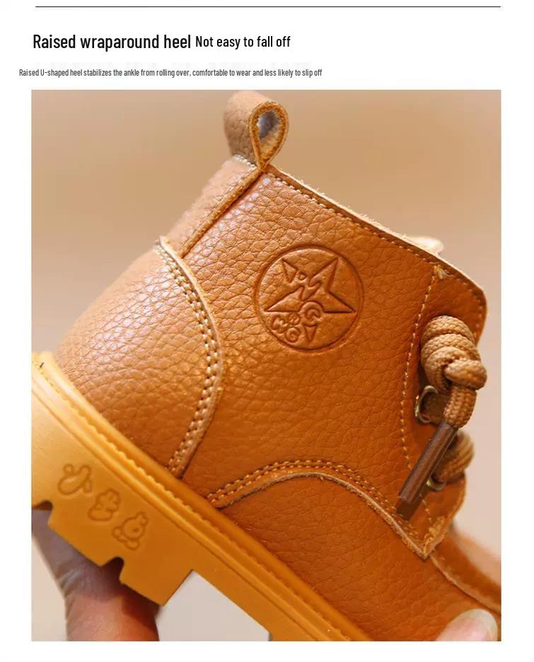 Children's Yellow Leather Martin Boots: Soft Sole Autumn/Winter Toddler Walking Shoes for Boys and Girls.