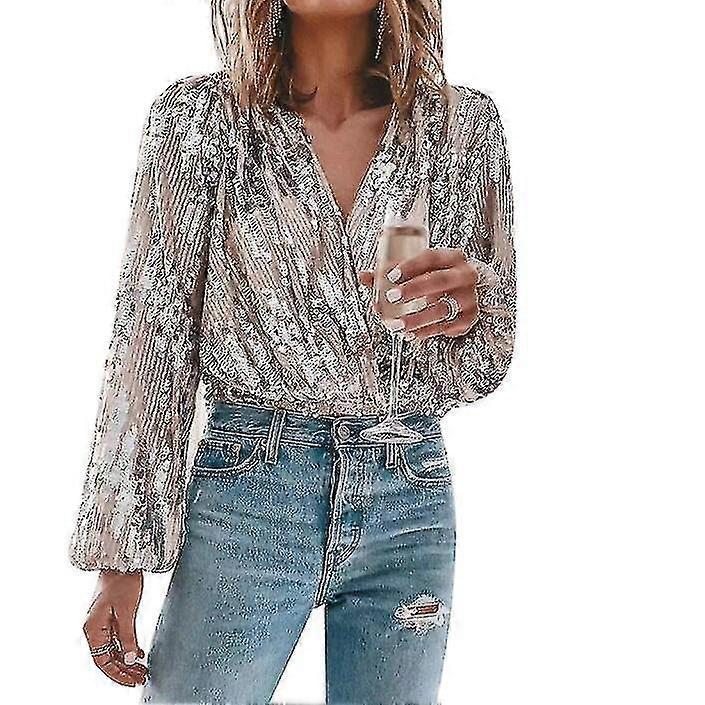 Women Sequin Sparkle V Neck Long Sleeve Shirt For Party - JA