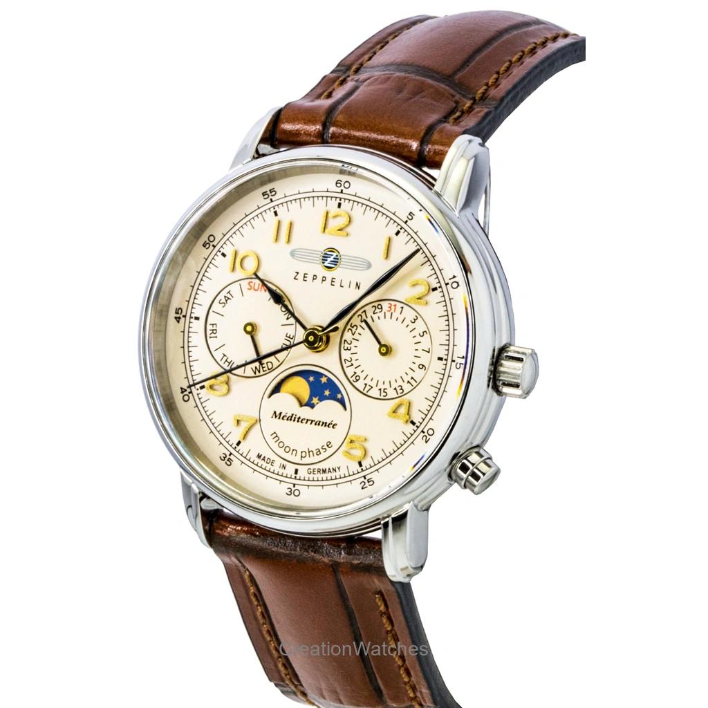 Zeppelin Mediterranee Moonphase Leather Strap Champagne Dial Quartz 96375 Men's Watch