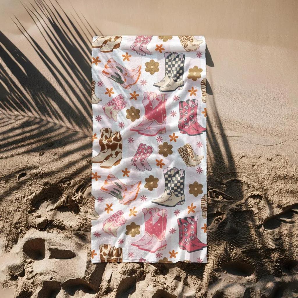 1PC Western Pink Cowgirl Boot Beach Towel Oversized Country Music Rodeo Design Summer Pool Travel Gift for Her