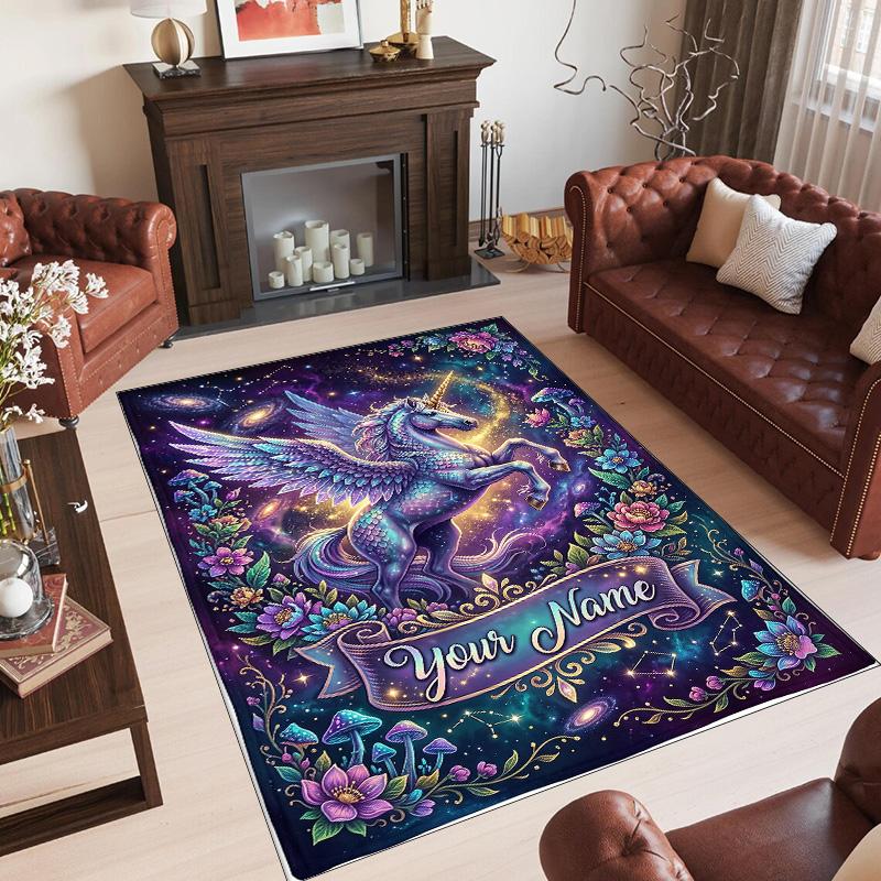 Unicorn Theme Crystal Velvet Floor Rug Personalized Custom Name Text Warm Carpet Home Decoration