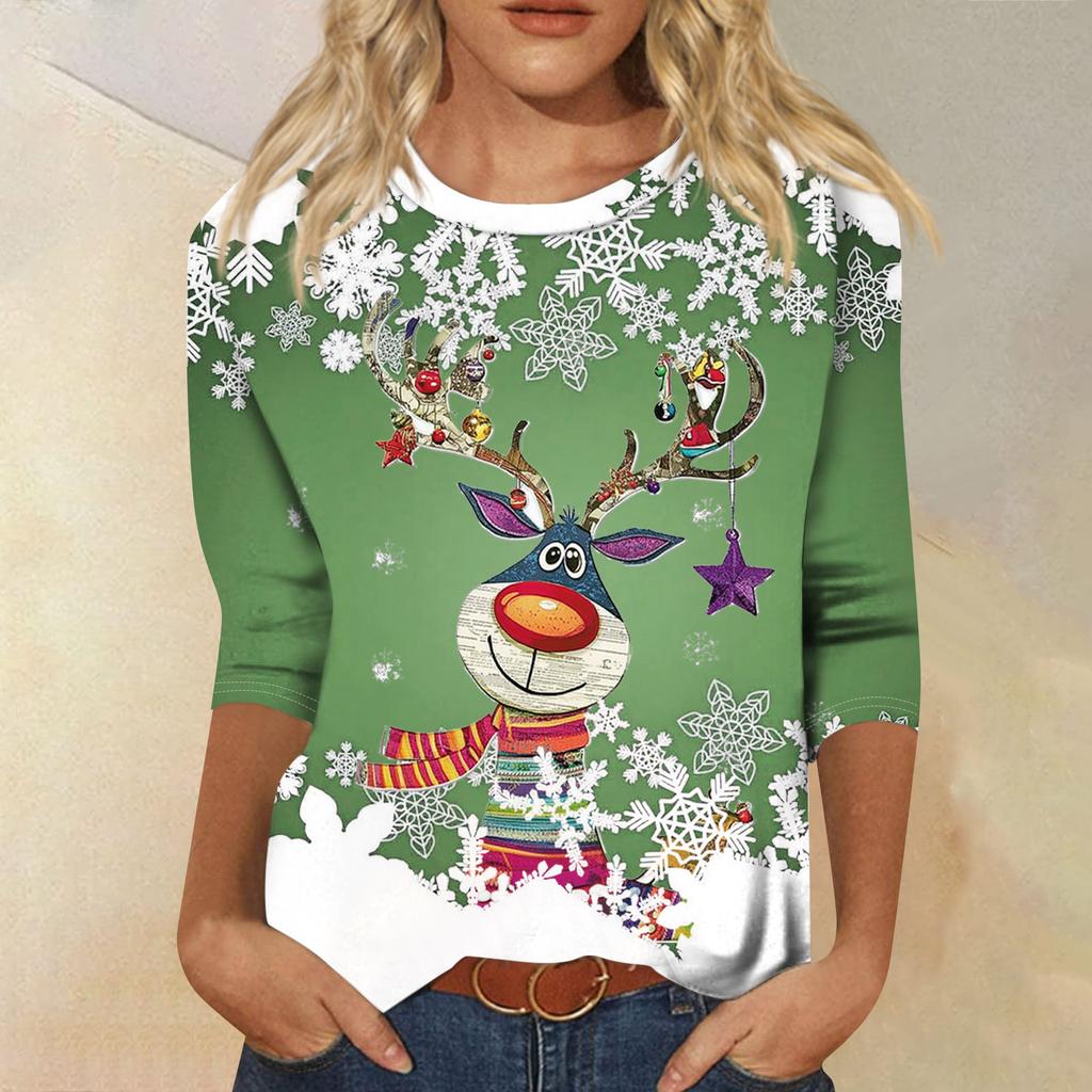 Damenmode Lässiges Rundhals-T-Shirt mit 3/4-Ärmeln und lockerem Aufdruck