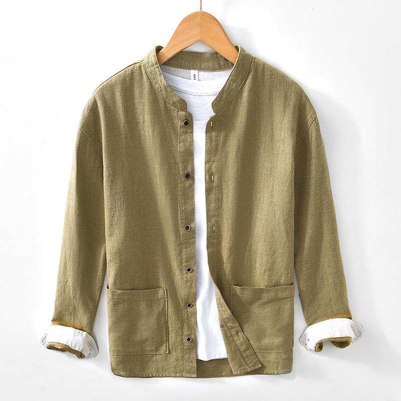 Chinese Style Long Sleeve Men Shirt Traditional Men Clothing Solid Color Stand Collar Cotton Linen Button Shirt Daily Casual Tops Big Pockets