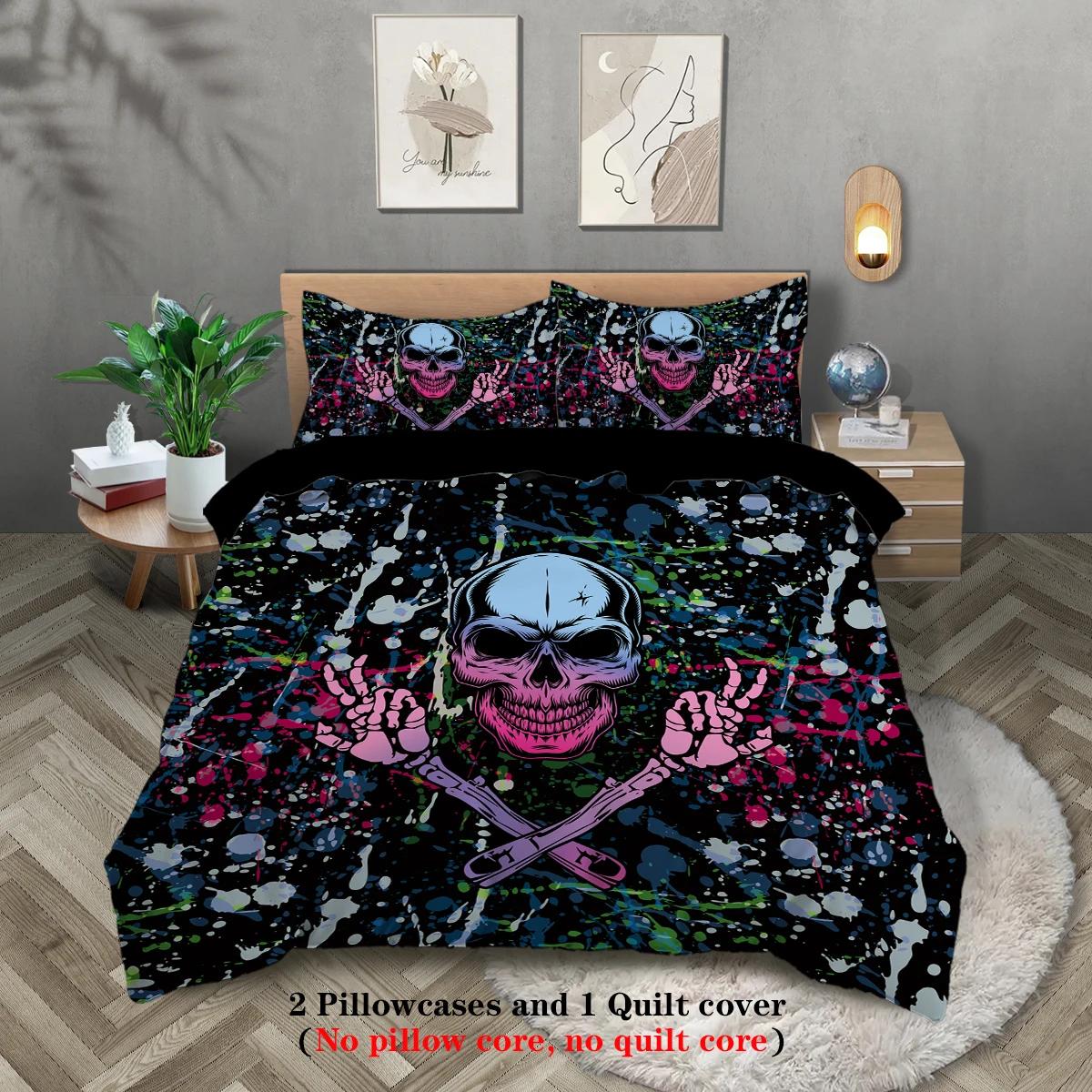 

3-piece set, skull gestures pattern printed duvet set, queen, king, double bed, party funny and creative bedding set 135x200cm-EU-Single