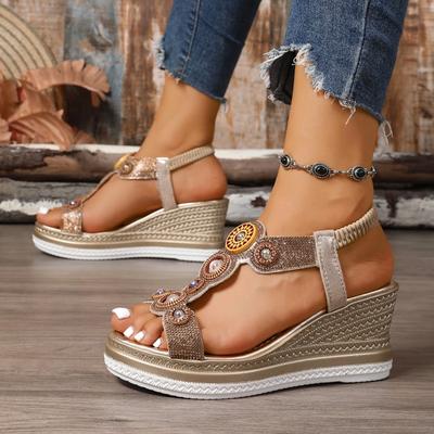 Mode Etnische Sleehak Sandalen Dames 2025 Zomer Nieuw Strand Platform Antislip Kralen Romeinse Schoenen