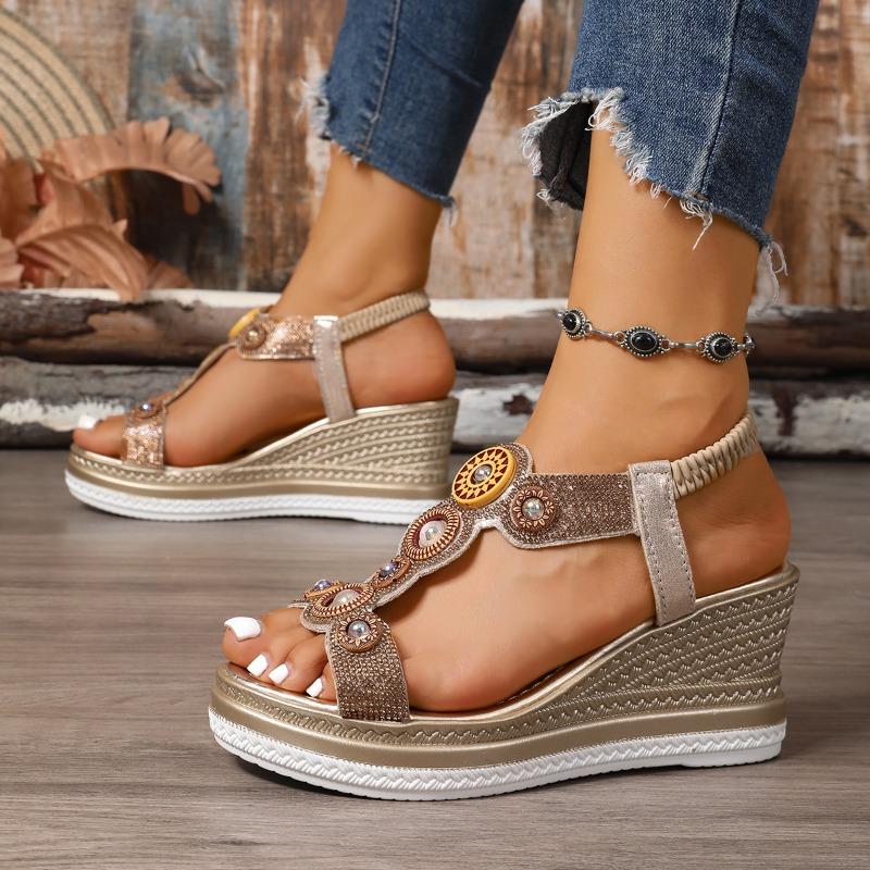 Fashion Ethnic Wedge Sandals Women's 2025 Summer New Beach Platform Non-slip Beaded Roman Shoes