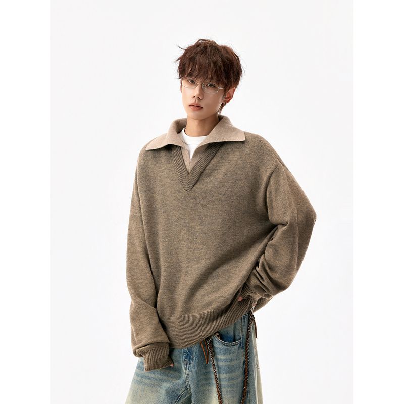 Retro Vintage Style V-Neck Patchwork Sweater for Men, Winter Casual Two-Piece Knitwear for Couples, Soft and Loose Base Shirt
