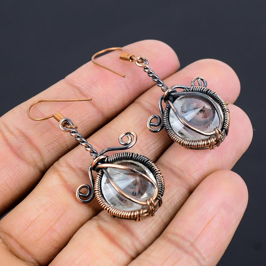 White Topaz 999 Copper Wire Wrapped Earrings, Handmade Gemstone Jewelry Earrings For Memorial Day
