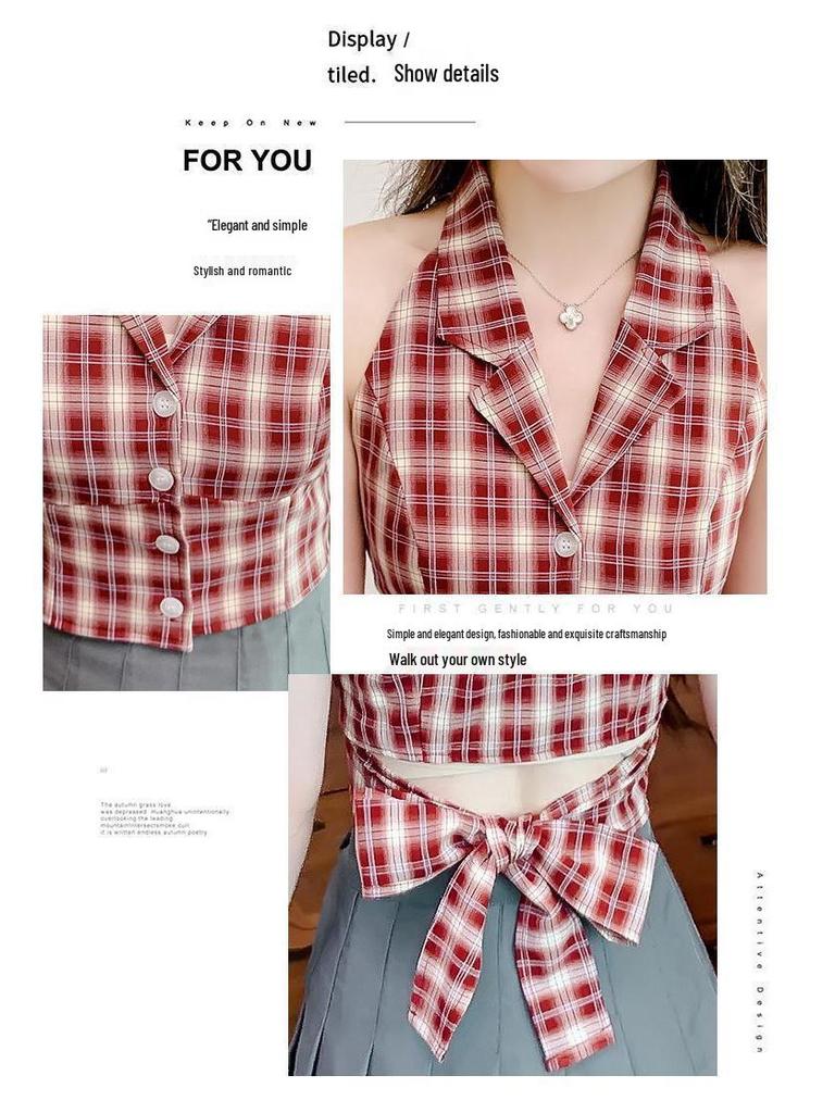 Damen Retro Karo Ärmellose Weste mit Anzugkragen & Taillierungsdesign