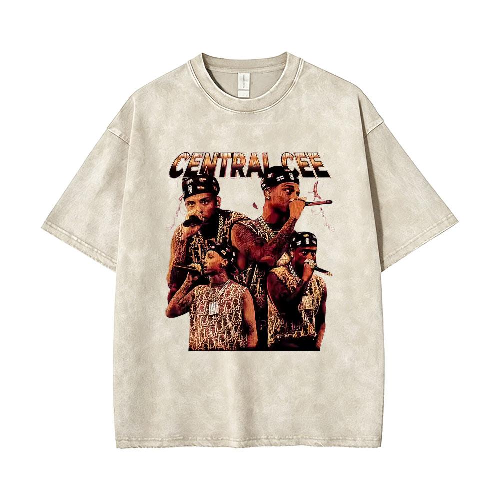 Washed Vintage Rapper Central Cee Face Graphic Tshirt Men Women Hip Hop Fashion Short Sleeve T Shirts Mens Oversized Streetwear