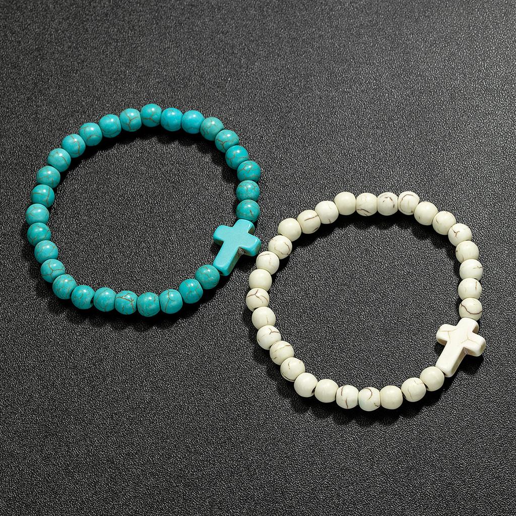 Classic Turquoise Cross Beaded Bracelet Couple Elastic Rope Fashion Texture Party Jewelry Gift Wrist Accessories
