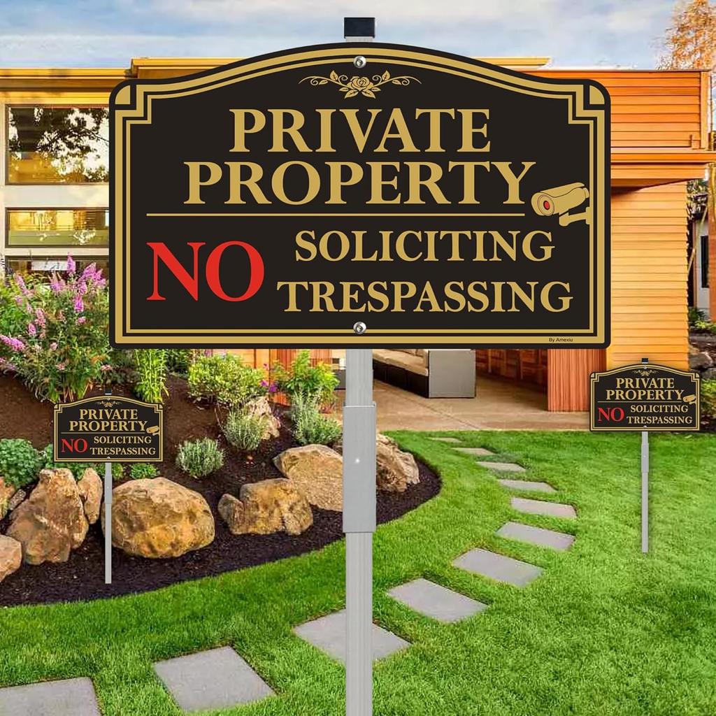 Private Property No Trespassing Sign, 12" x 8" No Soliciting Sign Aluminum with 28" Tall Alloy Stake for Easy Installation, Rust-Free& Fade Resistant