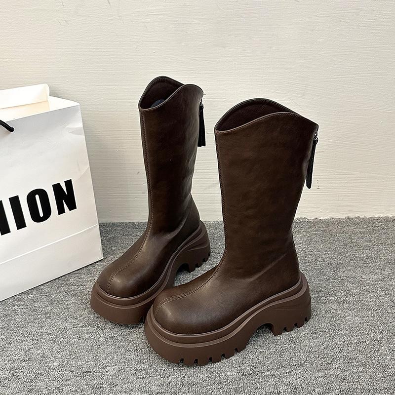 

Ботильоны на толстом каблуке и толстой подошве женские 2025 весна и осень новые с V-образным вырезом тонкие ботфорты до колена ретро универсальные рыцарские ботинки 39 коричневый