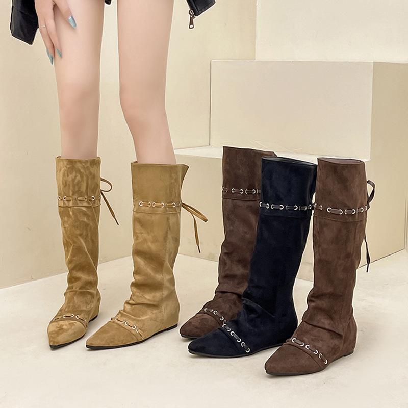 Retro Suede Lace-up Splicing Stacking Boots Women's Autumn and Winter Design Sense Pointed Buckle Metal Buckle Western Boots Knight Boots