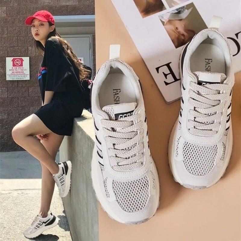 

Модные массивные кроссовки, женские зимние сетчатые туфли на высоком каблуке со шнуровкой и круглым носком, обувь на платформе для женщин, вулканизированная обувь больших размеров