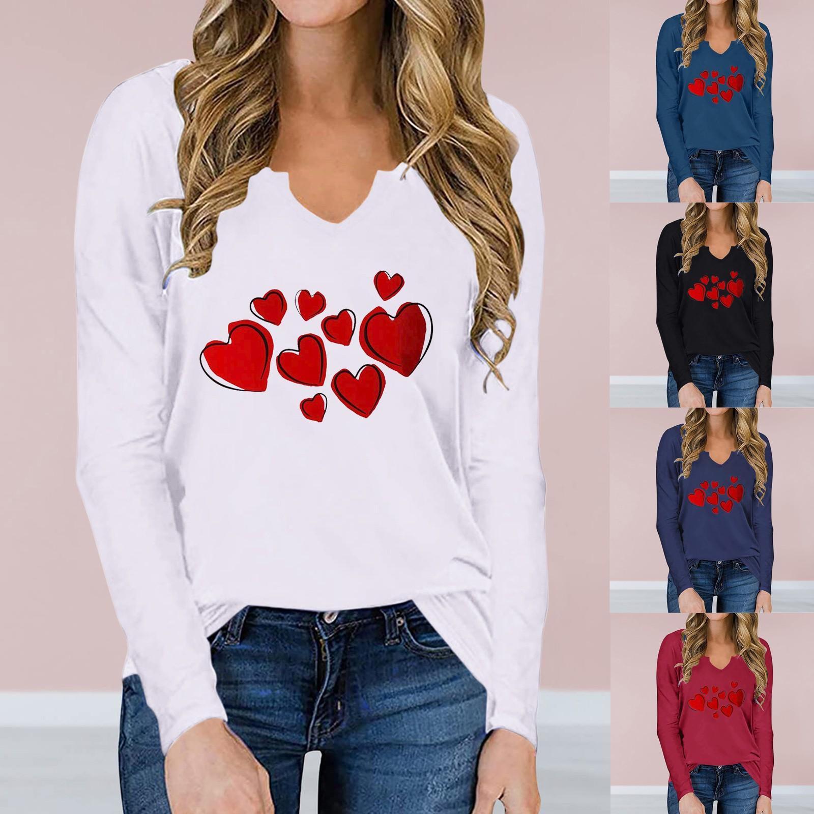

Женская модная повседневная футболка с длинным рукавом и v-образным вырезом с принтом ко Дню святого Валентина, топ