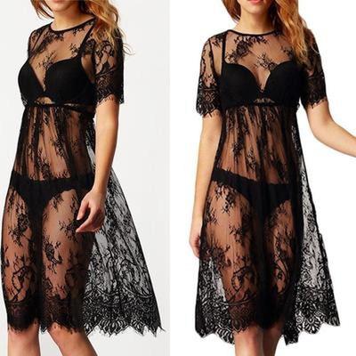 Strandkleid, transparenter, mit Blumenspitze bestickter Bikini-Überzug