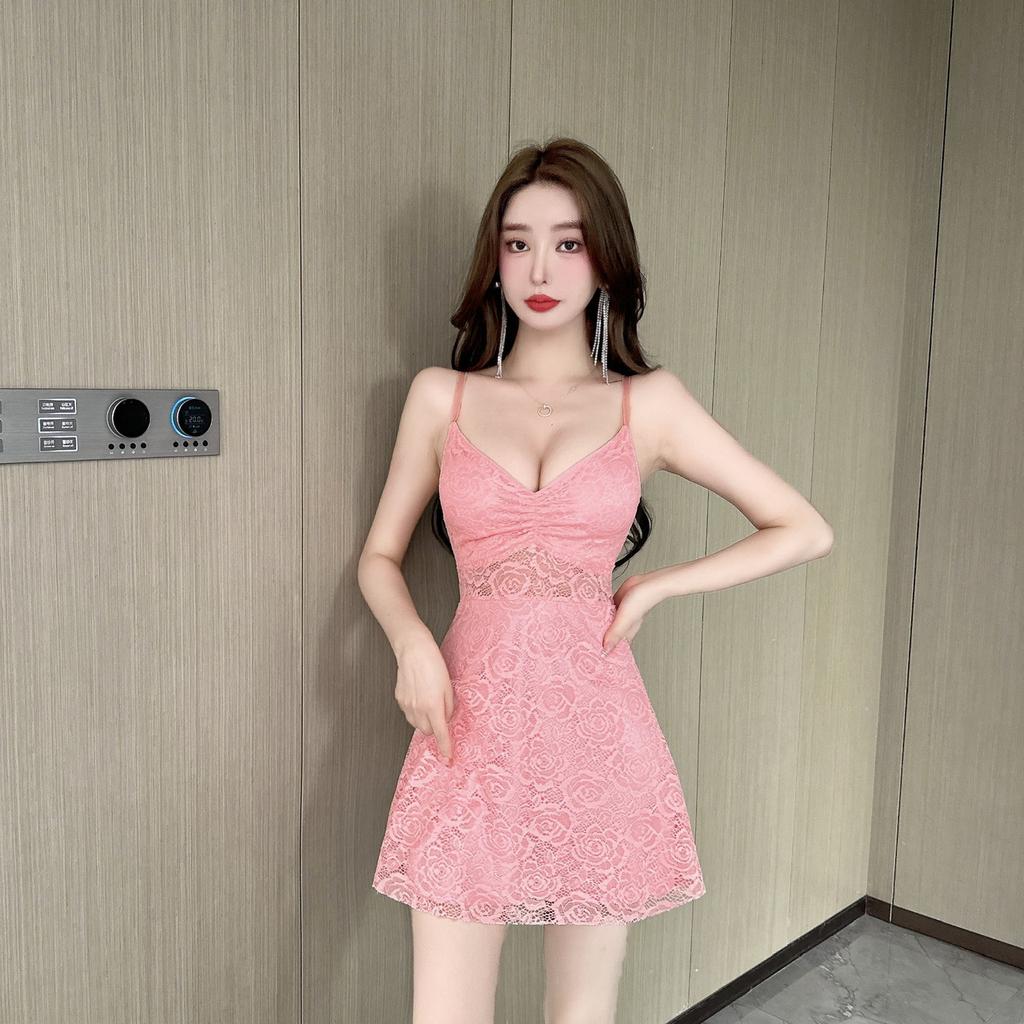 Sexy V-neck low-cut lace hollow-out tight-fitting hip-wrapped waist-closed bottom suspender dress store work women's clothing