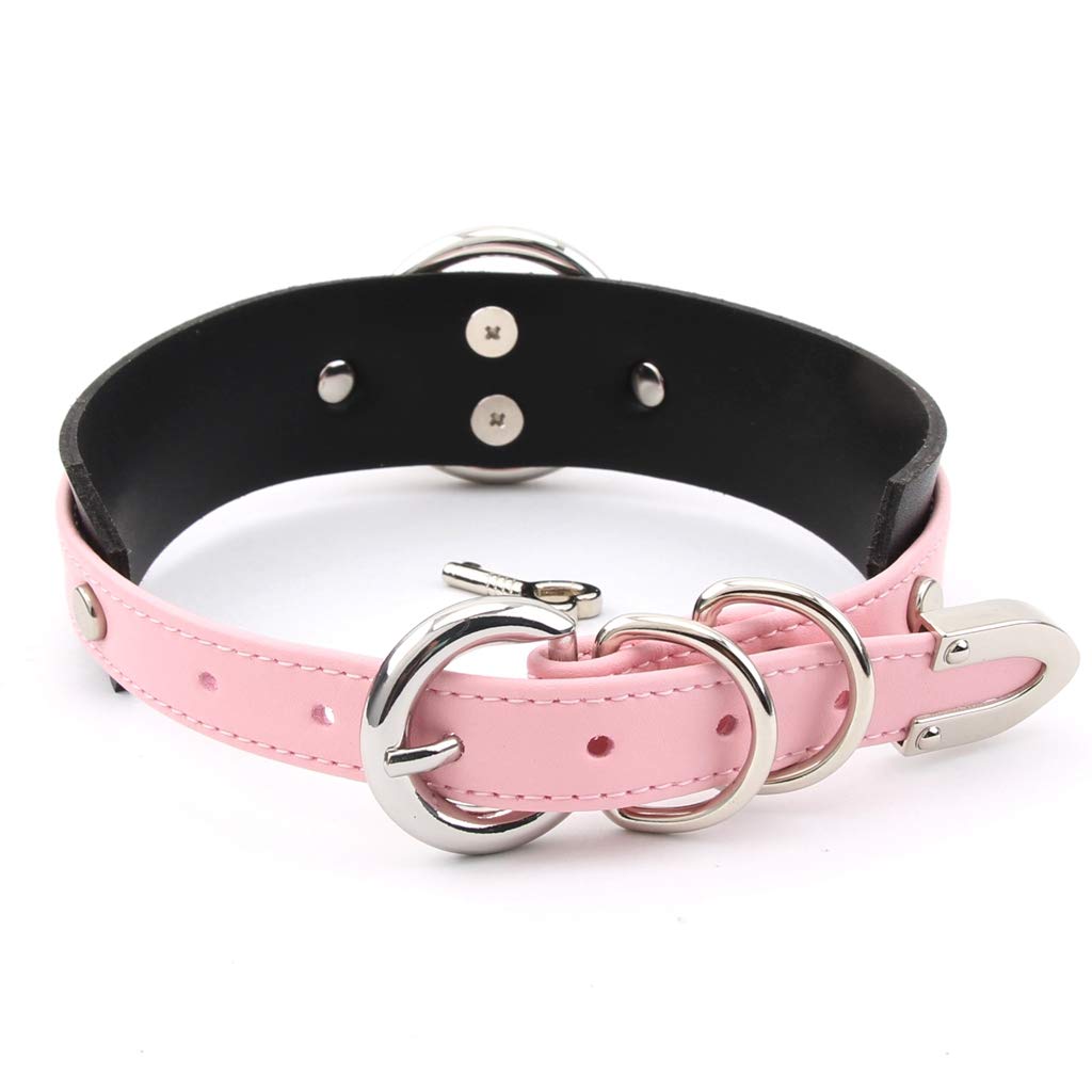 Choker Heart Collar Padlock Ring PU Leather (Pink Black & Silver)