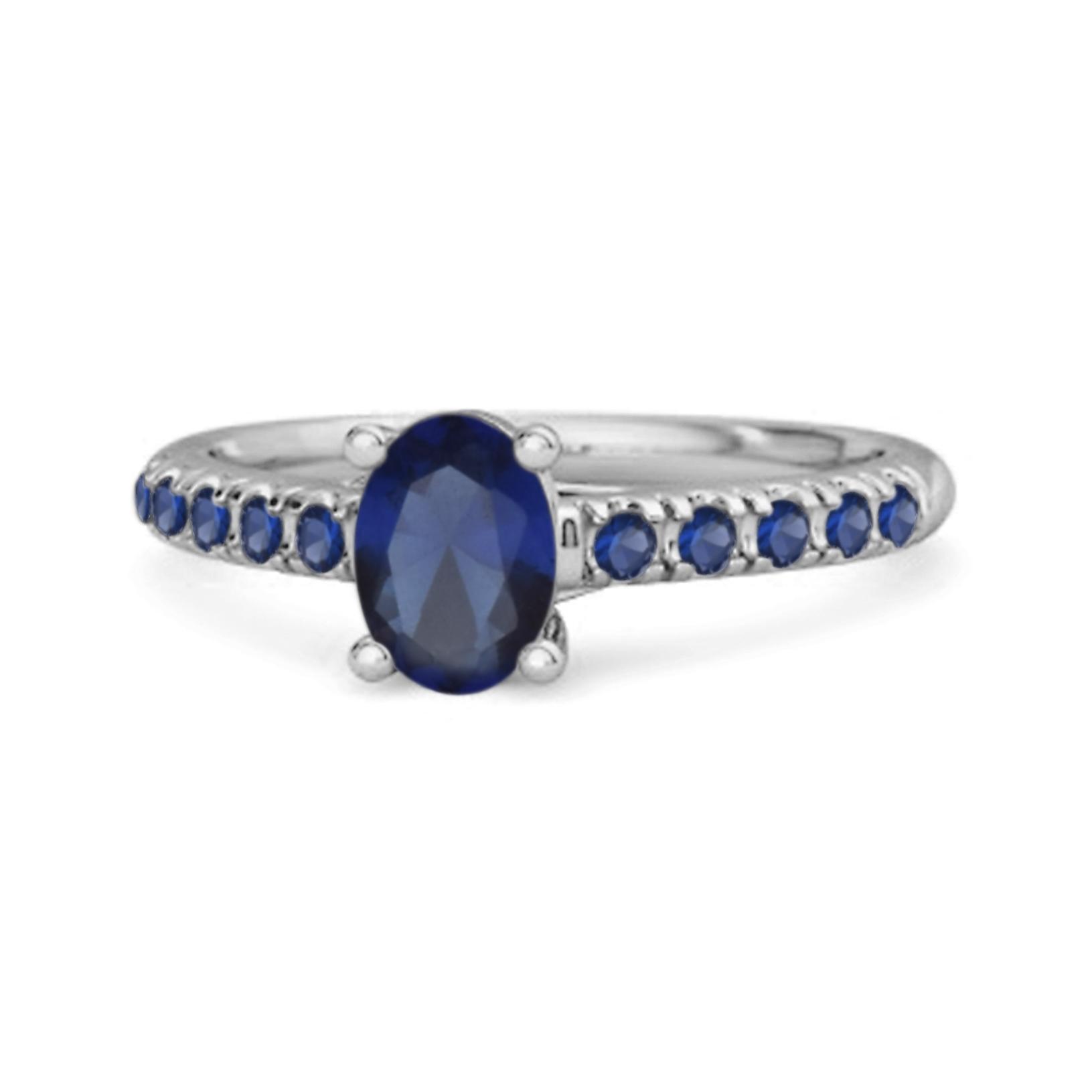 

Blue Sapphire Oval Solitaire Accents Ring - 925 Sterling Silver 10 білий