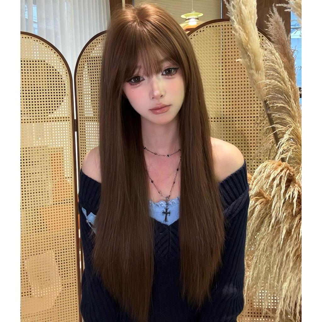 Women's Long Straight Wig with Bangs, Warm Tea Chestnut Brown - Full Head Coverage, Fluffy, Sweet or Cool Look