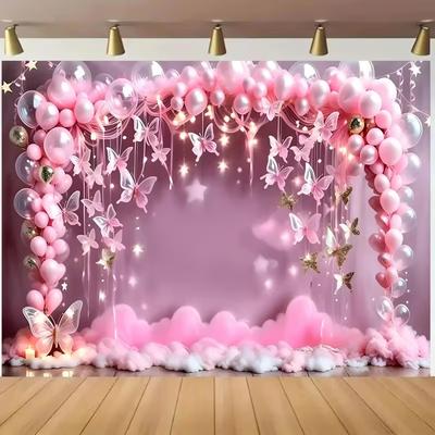 2D Printed Pink Butterfly Backdrop Glitter Balloon & Clouds Background Cloth