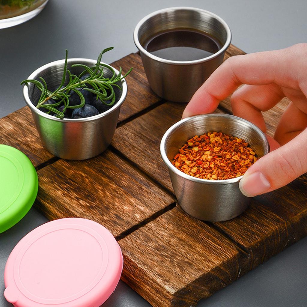 Stainless Steel Cup with Lid, Round Dipping Bowl Portable Seasoning Dish
