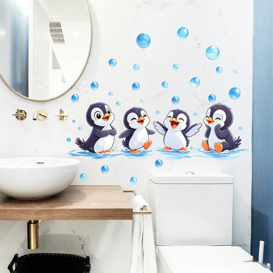 Pinguin Wandaufkleber, Niedliche 4 Glückliche Pinguine Bade-Deko, Selbstklebende Abnehmbare Wandsticker für Badezimmer, Kinderzimmer & Duschwandkunst