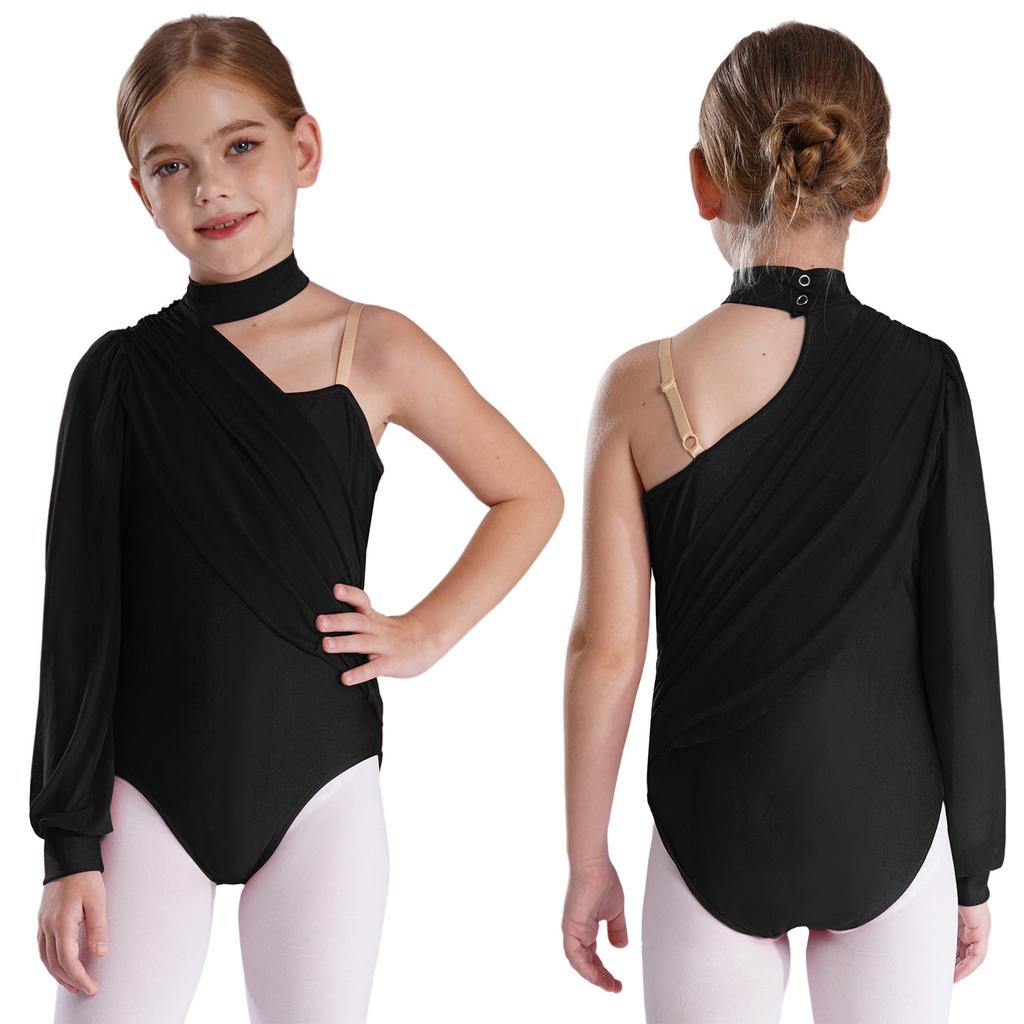 Kids Girls Ballet Jersey Dance Leotards Gymnastics Acrobatics Figure Skating Performance Costume Ruched Mesh Overlay Bodysuit