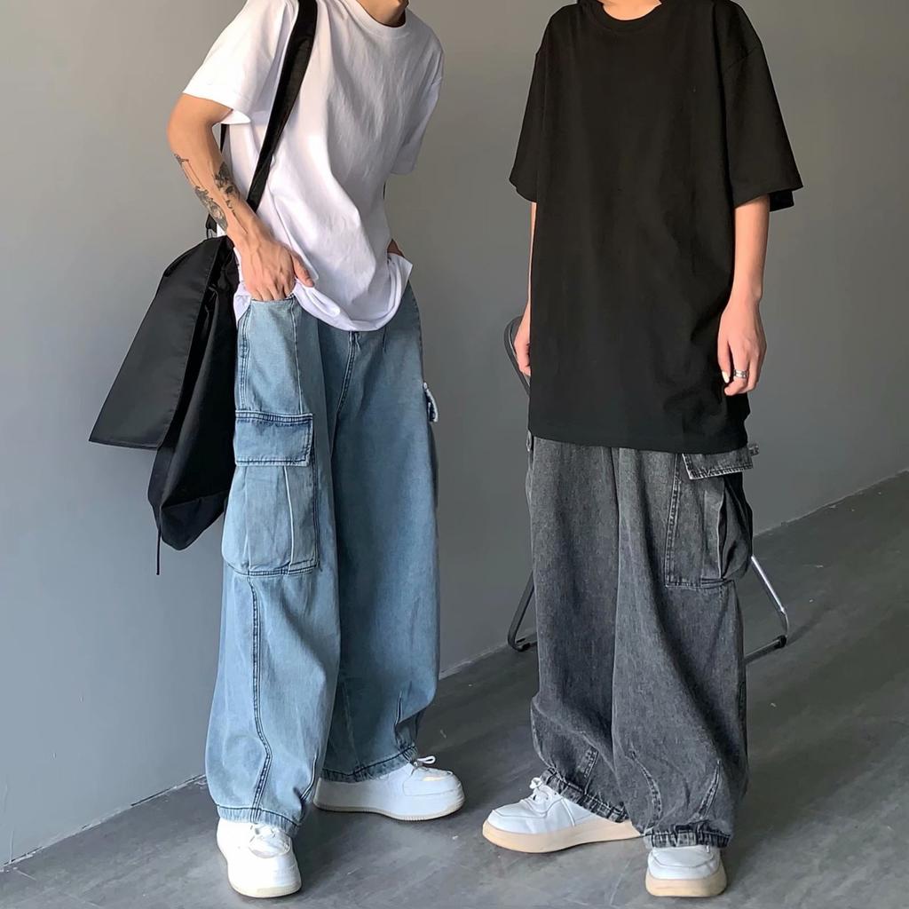 Japanese Street Retro Drape Loose Wide-leg Casual Big-pocket Tooling Denim Washed Daddy Pants