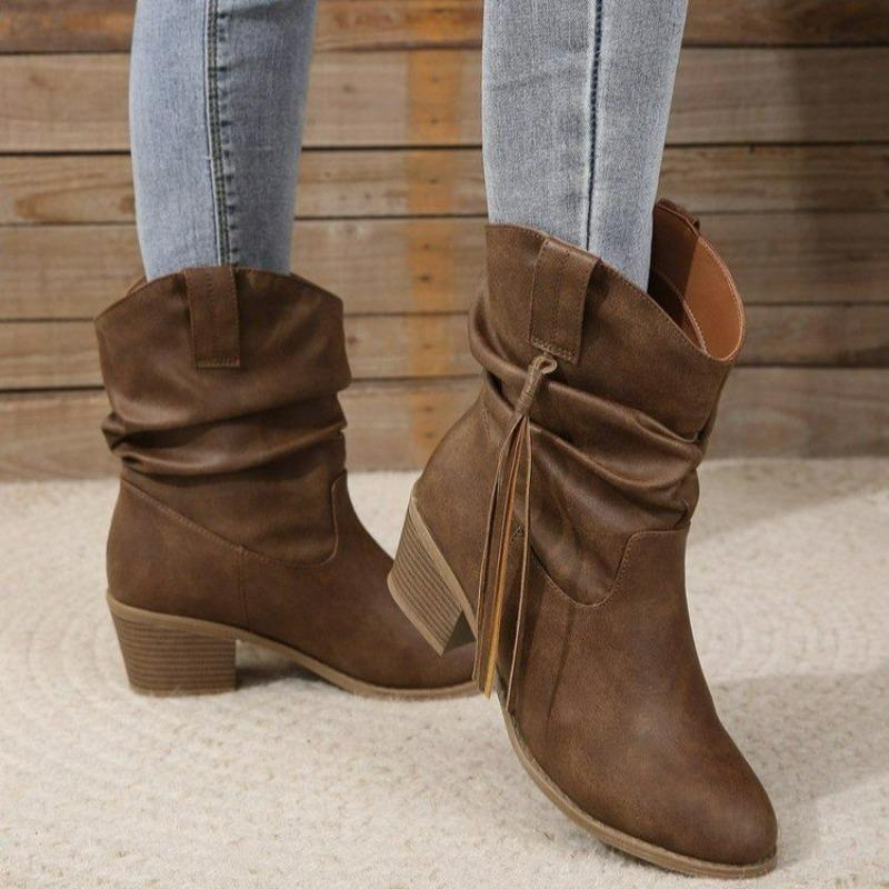European and American Fashion Medium Tube Fashion Boots Women's Large Size Retro Thick Heel Pleated Foot Sleeve V Mouth Western Knight