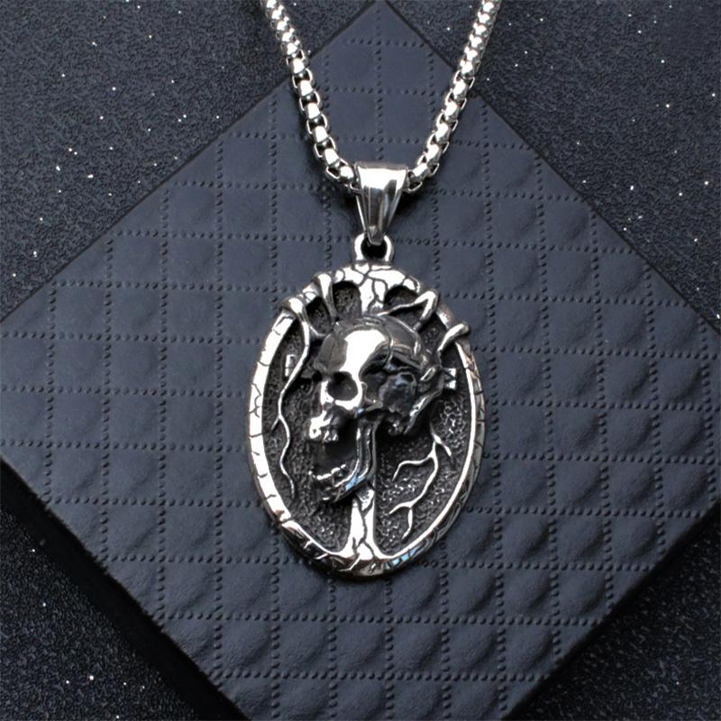 Skull Ellipse Pendant Necklace For Women Men Hip Hop Rock Style Copper Color Stainless Steel Box Chain Punk Skeleton Jewelry