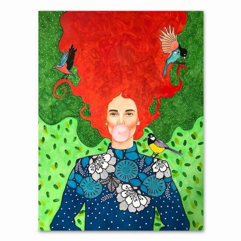 Abstraktní dívka vlasy květina pták nástěnná malba na plátně plakáty na severské téma a tisky vintage nástěnné panely pro dekor obývacího pokoje bez rámů