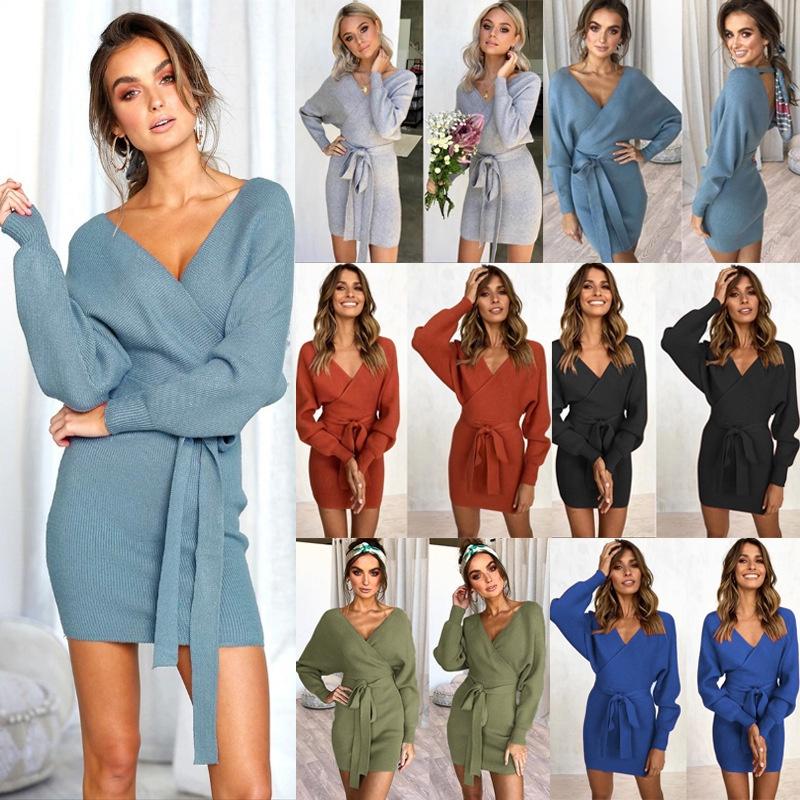 Elegant Women's V-neck Bodycon Jumper Dress With Long Sleeves And Tie Belt