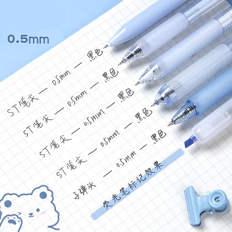 6pcs Gel Pen and Marker Pen Set Retractable Black Ink 0.5mm Ballpoint Pen School Student Office Stationery Supplies