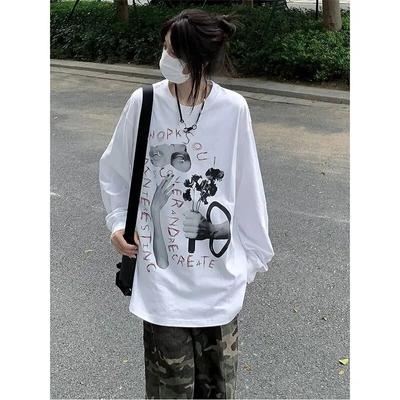 Magliette Oversize da Donna High Street Bianche Vintage Manica Lunga con Lettere Dipinte a Mano Magliette Hiphop Grunge Top Y2k Magliette Americane