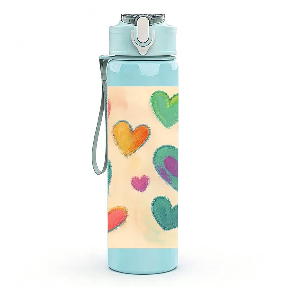 1PC Multicolored Hearts Pattern 750ml Color Plastic Sports Water Bottle Leakproof Flip Straw Lid Suitable for Sports Office Home Use