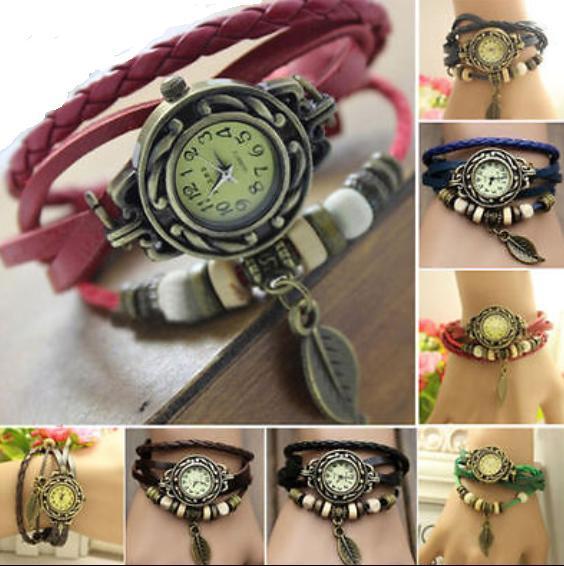 Womens Leather Tree Leaf Quartz Wrist Watch Bracelet Orange Watch