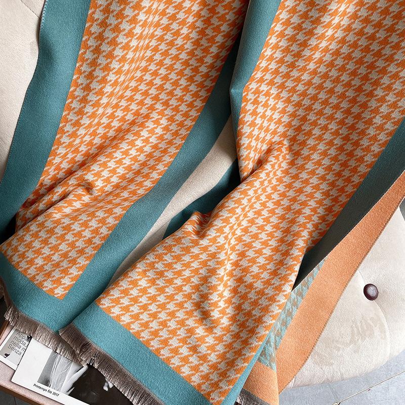 Imitation Cashmere Scarf Women'S Air-Conditioned Room Shawl Thousand Bird Grid Jacquard Elegant Long Scarf Short Beard Fringe Decorative Scarf