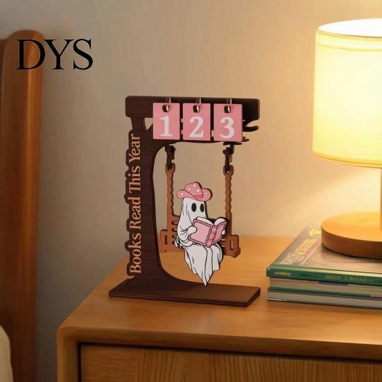Unique Book Lover Gifts Wooden Tree Calendar Desk Ornament, Flippable Number Reading Goal Tracking Halloween Ghost Ornament Tabletop Decor,