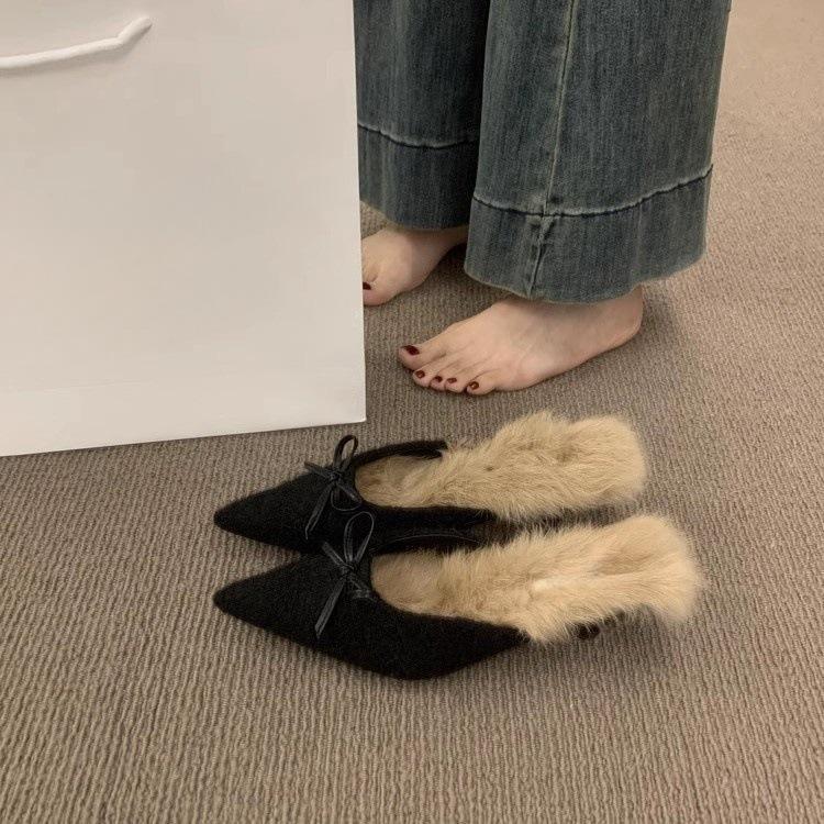 French Temperament Plush Bag Head Half Slippers Lazy One Pedal Pointed Muller Shoes Plush Shoes Women Wear Outside Winter