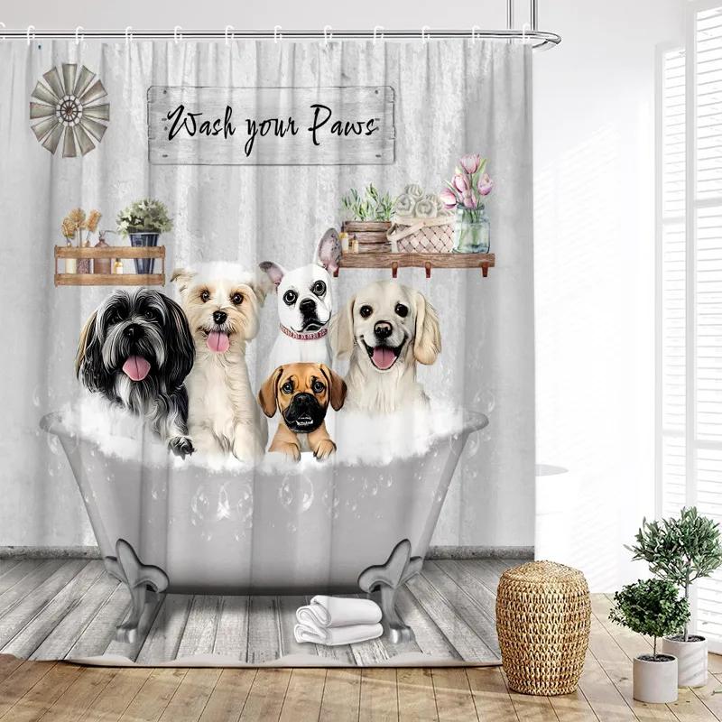 Rideau de douche amusant avec chat et chien plongeurs, animaux mignons de dessin animé, tortue de mer, paysage sous-marin, décoration pour salle de bain d'enfants.