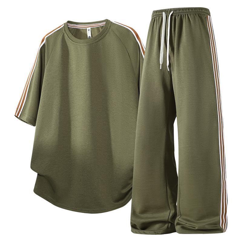 

Breathable Sports Suit Round Neck T-shirt Trousers Two-piece Striped Fashion Short-sleeved Casual Suit For Men 2XL