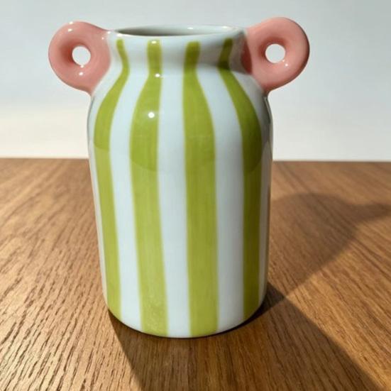Ceramic Striped Flower Vase with Dual Handles Hand Painted Small Decorative Vase